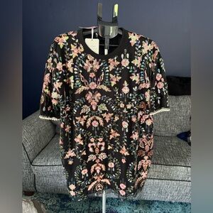 Dani & Devi Embellished Black Floral Shirtdress – Beaded Multicolor Size 1x